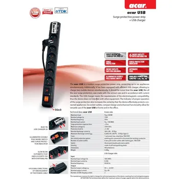 Přepěťová ochrana Acar USB 3m kabel 6 zásuvek 2xUSB přep.ochr.černý ppacarusb-3