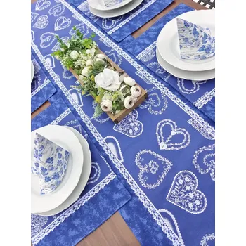 Talíř Jídelní sada pro 4 osoby - zdobená bílá srdce na modrém mramoru