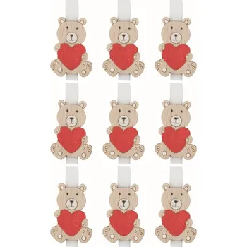 Medvěd se srdíčkem dřevěný na kolíčku 2 x 3 x 0,2 cm, 9 ks v sáčku