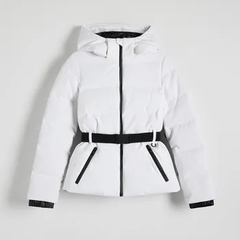 Dámský kabát Reserved - Péřová bunda s páskem - krémová - 665AY-01X - 665AY-01X-S