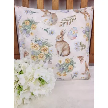 Povlak na polštářek Povlak na polštář 40 x 40 cm – Velikonoční zajíčci a vajíčka na béžové | Ruční výroba