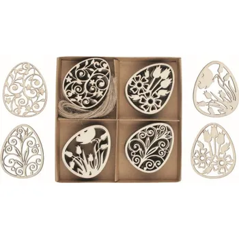 Bytová dekorace Vajíčka vyřezávaná dřevěná 4 x 5,5 x 0,2 cm, 16 ks v krabičce