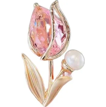 Brož Módní mini brož Křišťálový tulipán Rostlinný květinový motiv Elegantní drobný šperkový doplněk s třpytivými kamínky růžová