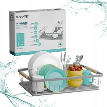 Odkapávač na nádobí Odkapávač na nádobí s dřevěnými úchyty, odkapávač na talíře, šedý