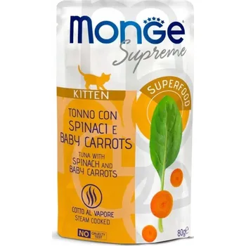 Krmivo pro kočku Monge Supreme Kitten Tuňák se špenátem a mini mrkví 80g