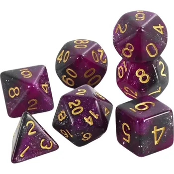 Hrací kostky 7 ks mnohostěnné RPG kostky Galaxie styl Vícebarevná fantasy sada pro stolní hry Dračí doupě roleplay tmavě fialová