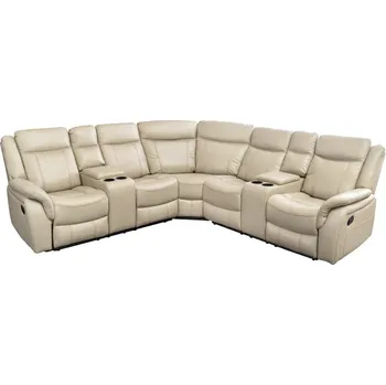 Křeslo Luxusní moderní rohová eko kožená béžová pětimístná sedačka Phoenix s přihrádkami na sklenice s úložným prostorem 270 cm