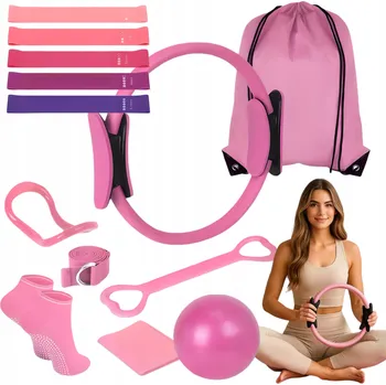 SADA NA PILATES FITNESS JÓGU 13v1 CVIČENÍ: KRUH NA PILATES, ODPOROVÉ GUMY, RŮŽOVÁ