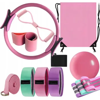 PILATES FITNESS JÓGA SADA 10v1 CVIČENÍ - KRUH NA PILATES, ODPOROVÉ GUMY - RŮŽOVÁ