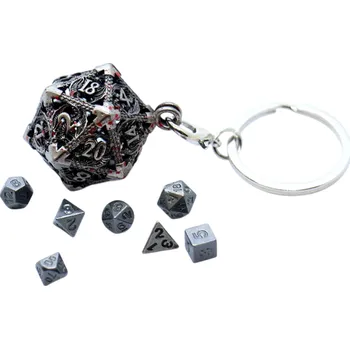 Dutá kovová klíčenka mnohostěnná kostka s mini kostkami 7 ks Fantasy doplněk pro deskové hry RPG DnD přívěsek na klíče stříbrná
