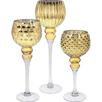 Svícen Skleněný svícen set 3ks na nožičce, zlatá