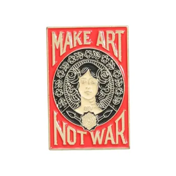 Brož Módní brož 1,7 x 2,7 cm Červený design S nápisem Make Art Not War Výrazný kovový doplněk Ze zinkové slitiny