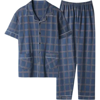 Pánské pyžamo košilové s krátkým rukávem Modré kostkované Kalhoty s kapsami Límeček Knoflíky Polyester bavlna XL