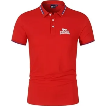 Pánské tričko Pánská polokošile krátký rukáv s límečkem a knoflíky Jednobarevné tričko s potiskem lva na hrudi z polyesteru červená L