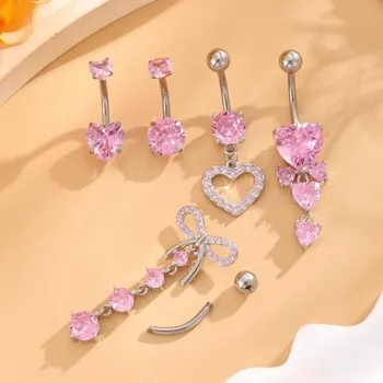 Piercing 5 ks piercing z nerezové oceli Stříbrný set s růžovými detaily Diamanty Srdíčka a mašle Elegantní jemné šperky