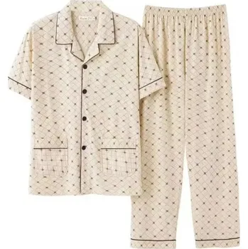 Pánské pyžamo košilové s krátkým rukávem Béžové s jemným vzorováním Kalhoty s kapsami Límeček Knoflíky Polyester bavlna L