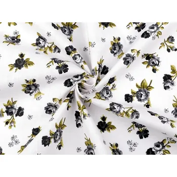 Bavlněná látka / plátno růže METRÁŽ - 2 (6) bílá šedá