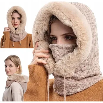 Čepice Dámská kukla béžová s kožíškem polyester jednodílná