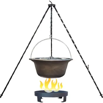 Outdoor vaření Litinový kotlík 10,8 L + klasická ocelová trojnožka 1,2 m + přenosné ohniště 36 cm + nerezová poklice