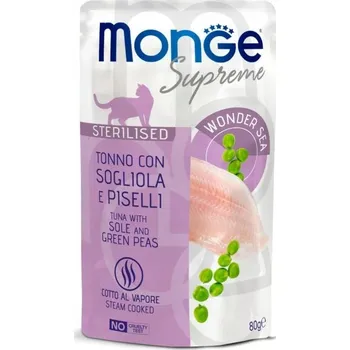 Krmivo pro kočku Monge Supreme Sterilised Cat Tuňák s platýsem a hráškem 80g