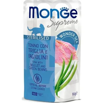Krmivo pro kočku Monge Supreme Sterilised tuňák s parmicí a zelenými fazolkami 80g