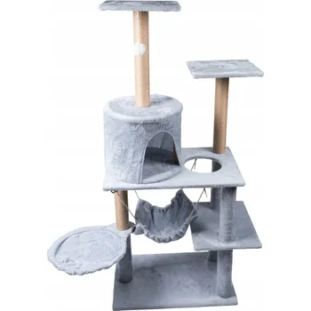 ŠKRABADLO PRO KOČKY PELÍŠEK VĚŽ 5 ÚROVNÍ ŠEDÝ DOMEČEK S HOUPACÍ SÍTÍ STABILNÍ