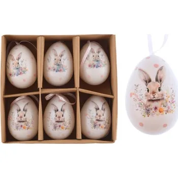 Velikonoční dekorace Vejce plastová 6cm, 6ks Zajíček s květinami, mix