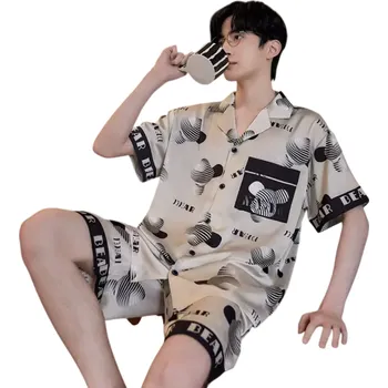 Pánské pyžamo Pánské pyžamo Tričko s krátkým rukávem a kraťasy Zapínání na knoflíky s límečkem Polyester hedvábí Bílé s černými potisky M