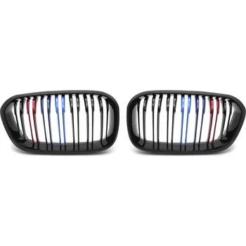 Kapota TUNING-TEC Přední maska, ledvinky BMW F20 / F21 LCI 15-18 lesklá černá, dvojitá žebra s třemi barevnými pásky