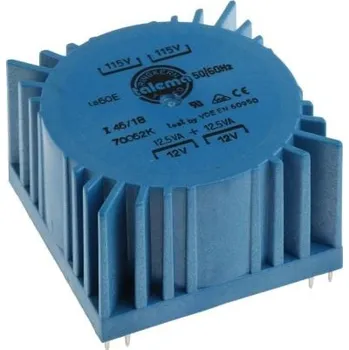 Transformátor Toroidní transformátor, počet výstupů: 2, sekundární napětí: 2 x 12V ac, Plošný spoj, Kolík, 60 x 60 x 37.5mm