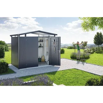 Zahradní stavba Plechový zahradní domek Biohort Panorama P3 257 x 214 cm dvoukřídlé dveře tmavě šedý metalický
