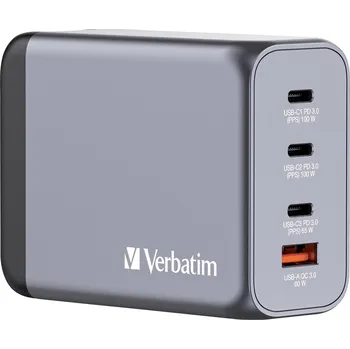Powerbanka Verbatim GNC-200 GaN cestovní nabíječka, GaN, s adaptérem pro Evropu, s britským adaptérem, s americkým adaptérem, 1x USB A , 3x USB-C®, 200 W, Dodávka