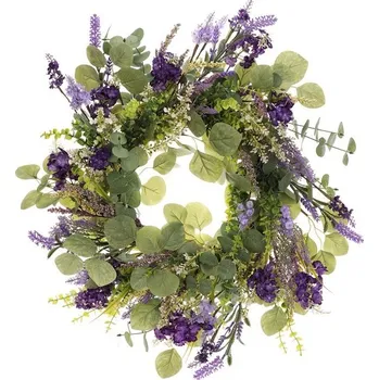 umělá květina Věnec umělý - pr. 55 cm, zeleň a fialové květy