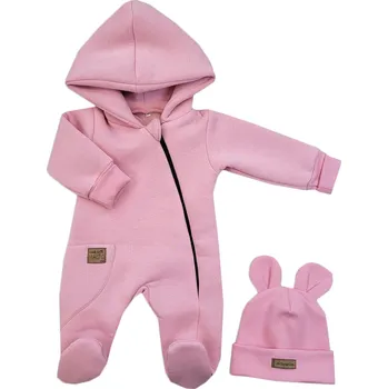 Dětský overall Oteplený dětský overal se šlapkama a kapucí + čepička, 2D, Kazum, růžový Velikost: 62 (2-3m)