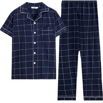Pánské pyžamo Pánské pyžamo košilové s krátkým rukávem Tmavě modré kostkované Kalhoty s kapsami Límeček Knoflíky Polyester bavlna XL