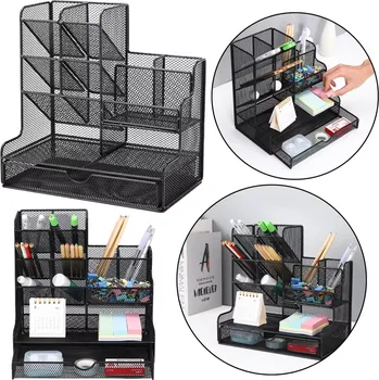 Kovový stolní organizér na kancelářské potřeby – černý