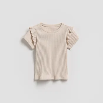 Reserved - Tričko z&nbsp;žebrovaného úpletu s&nbsp;volánovými rukávy - béžová - 700HU-08X - 700HU-08X-80