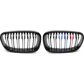 Kapota TUNING-TEC Přední maska, ledvinky BMW F20 / F21 11-14 lesklá černá, dvojitá žebra s třemi barevnými pásky