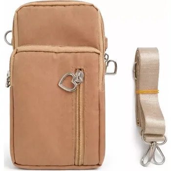 Dámská taštička RO82 hnědá (Malá dámská taštička na telefon a doklady přes rameno, světle hnědá barva, stříbrné kovové kování - srdíčka)