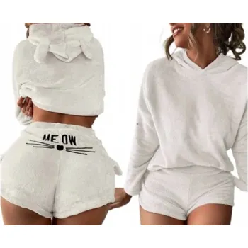 Dámské pyžamo Teplé dámské pyžamo dvoudílné S Kapucí měkké plyšové Meow L béžové