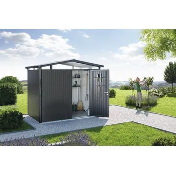 Zahradní domek Plechový zahradní domek Biohort Panorama P2 257 x 174 cm jednokřídlé dveře tmavě šedý metalický