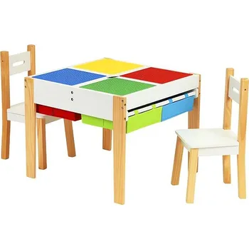 Dětský zahradní nábytek ECOTOYS XKF002 Dětská sada nábytku, stůl a 2 židle, s hrací deskou na stavebnici