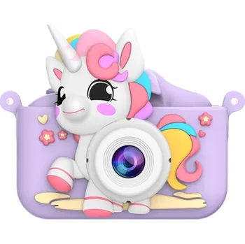 Digitální kamera Dětský fotoaparát 18 MP 2,0″ displej 1080P HD duální objektiv 8x digitální zoom silikonové pouzdro jednorožec pro děti fialová