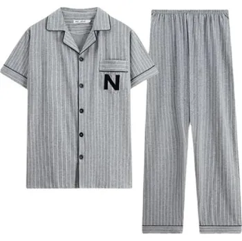 Pánské pyžamo košilové s krátkým rukávem Šedé s pruhy Kalhoty s kapsami Límeček Knoflíky Polyester bavlna L