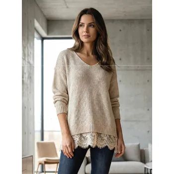 Dámský svetr Dámský pohodlný béžový svetr s ozdobnou krajkou, VELIKOST UNI ( S, M , L )