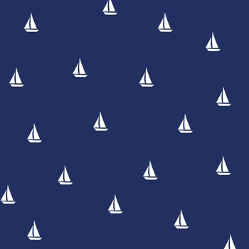 Zbytek - Teplákovina Takoy 150 cm mini bílé loďky na tmavě modrém