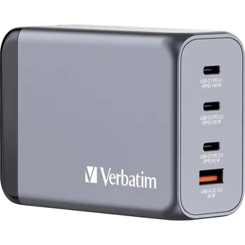 Powerbanka Verbatim GNC-240 GaN cestovní nabíječka, GaN, s adaptérem pro Evropu, s britským adaptérem, s americkým adaptérem, 1x USB A , 3x USB-C®, 240 W, Dodávka