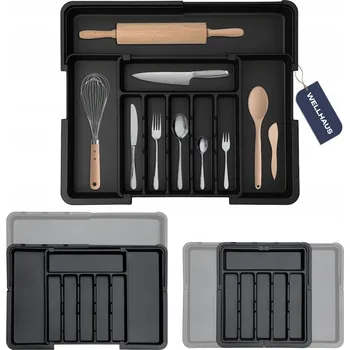 Příborník do zásuvky Organizér do zásuvky, výsuvný organizér, nastavitelný na příbory, černý Wellhaus