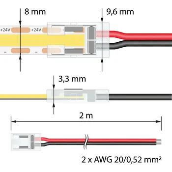 LED páska Připojovací konektor jednobarevných LED pásků šíře 8 mm, 2 piny, délka 2 metry, 20AWG, vodiče červená/černá, max. 3,5 A