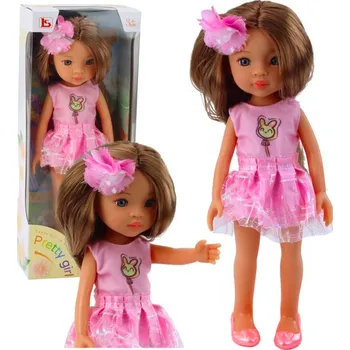 Hračka Panenka v růžových šatech, dlouhé hnědé vlasy, sponka květina